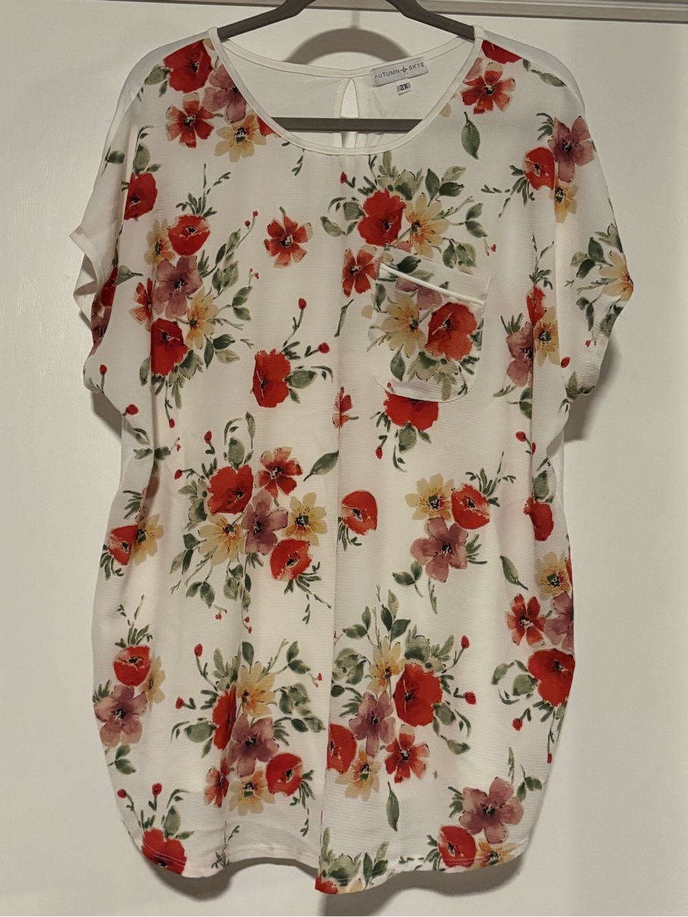 White Floral Short Sleeve Blouse with Red & Yellow Bloom